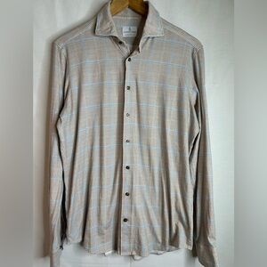 Emanuel Berg Modern Fit Tan and Blue Window Pane Plaid Shirt Size Medium